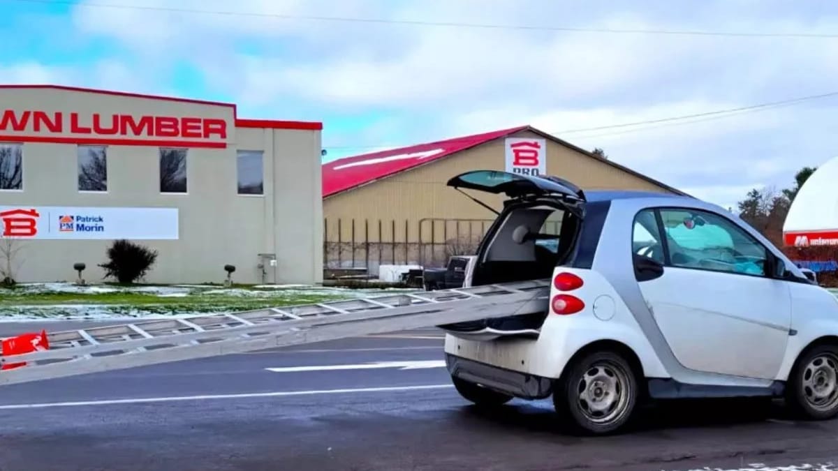 Smart car driver tries hauling a comically large ladder and instantly ...
