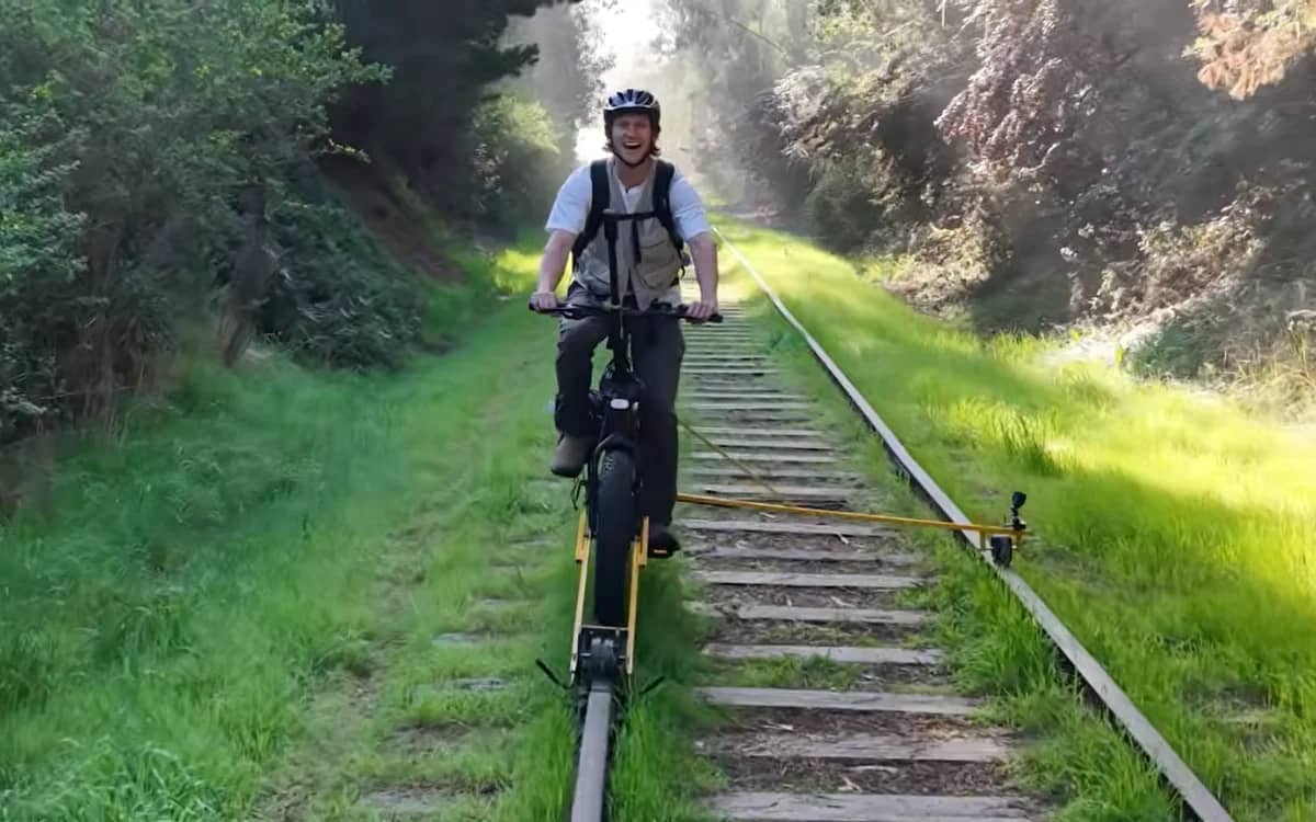 Atlanta man builds homemade electric rail bike to ride 25 miles on abandoned California railroad line and pushes through repeated failure