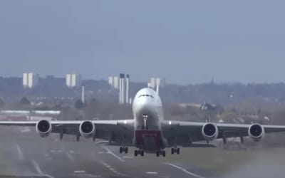 Airbus A380 manages impressive crosswind take-off in stormy conditions