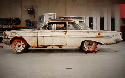 Abandoned 1961 Chevy Impala with significant rust damage transformed into stunning custom car