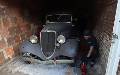 A garage crew found an ultra rare 1934 Ford Sedan Delivery randomly in Virginia barn