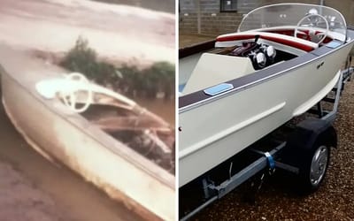 Man found old boat that had been sunk and dropped, then restored it to it’s beautiful former glory