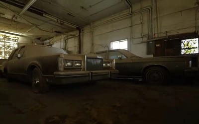 Abandoned vintage car collection on farm in Midwest US includes Cadillacs, Buicks, Oldsmobiles and Lincolns all covered in dust and debris