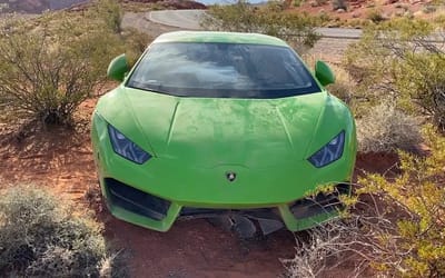 An infamous Lamborghini Huracan lies abandoned in the Las Vegas desert