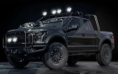 Artist designs an apocalypse-proof Ford Raptor with a huge V8 engine sticking out of the hood