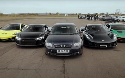 Lotus Emira, McLaren 570S, Audi R8, Lamborghini Huracan, and Audi A3 ran a 1/4-mile drag race – dare you to guess the winner