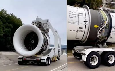 Boeing 747 engine being transported appears missile-like due to its immense size