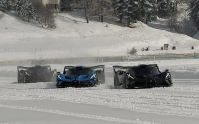 Three Bugatti Bolides worth $12,000,000 slide across ice in Switzerland and prove an important point