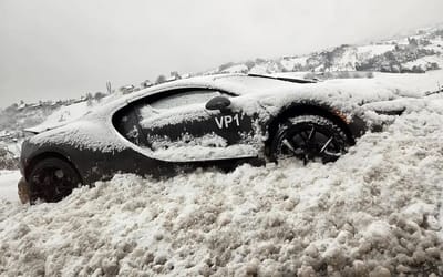 The new Bugatti Tourbillon was caught buried in snow during secret winter testing in Croatia