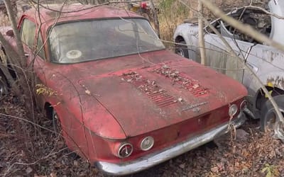 Classic Chevrolet Corvair was trapped by trees for 46 years but once freed a unique surprise was found in the trunk