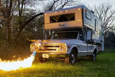 This American campervan has a flamethrower mounted inside a cattle skull