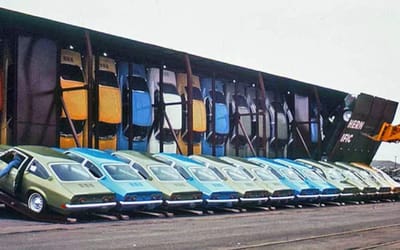 Chevy Vega engineers flipped the car nose-down and packed 30 into one railcar to cut shipping costs