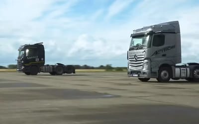 Semi-trucks battle in hilarious drag-race showdown