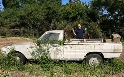 Man perusing eBay sorting by lowest price buys crusty abandoned Peugeot pickup completely covered in a bush