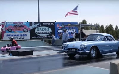 Wisconsin man builds a fake toy Corvette and races it against four real Corvettes on the drag strip with pretty unbelievable results