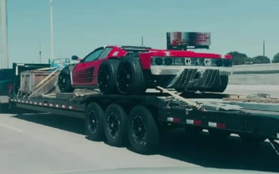 Custom Ferrari Testarossa 6×6 being built by Texan is spotted on the back of a flatbed