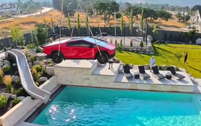 Utah family crane Tesla Cybertruck into their backyard swimming pool to test the strength of their pool cover