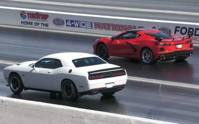 Multiple Dodge Challengers drag race Chevrolet Corvette C8, it isn't even close in the end