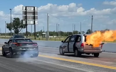 Two guys met up to drag race a turbine-powered Camaro against a Rolls-Royce turbine-powered minivan