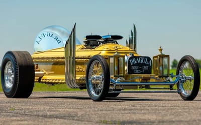 This coffin has been transformed into a four-wheeled V8 Dragula replica