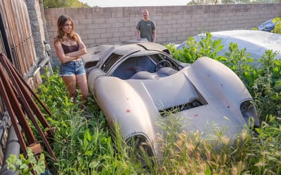 Emelia Hartford finds abandoned Lola T70 kit car hidden in overgrowth and missing major components but still wants to buy it