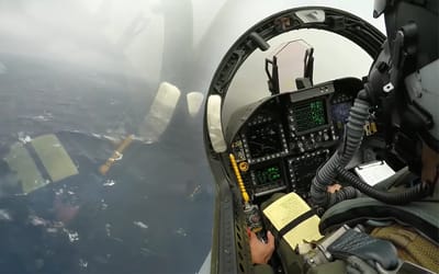 Cockpit view of an F-18 landing in the middle of the ocean is undefeated precision