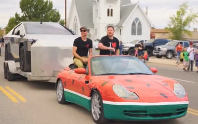 A tired Porsche 911 wrapped like a watermelon had to tow a Tesla Cybertruck after its battery died