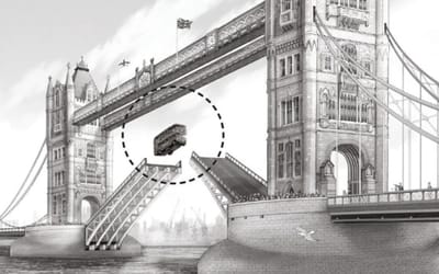 Two London icons accidentally made history when a double-decker bus jumped over Tower Bridge