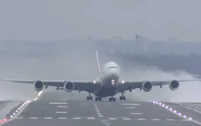 Nail-biting footage shows Airbus A380 handling treacherous conditions during extreme crosswind takeoff