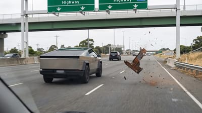 California man shares dashcam footage of chunk of flying metal hitting his Tesla Cybertruck at 70mph on highway and he's stunned by damage