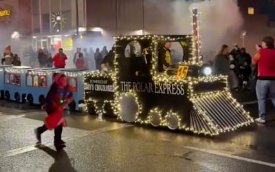 Dad has started tradition of every year creating a homemade Polar Express for kids to ride