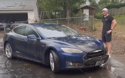 Dirty abandoned Tesla contained something odd in interior