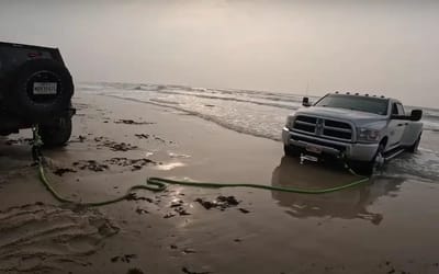 Towing company got called to a Ram 3500 somehow completely flooded at Texas beach