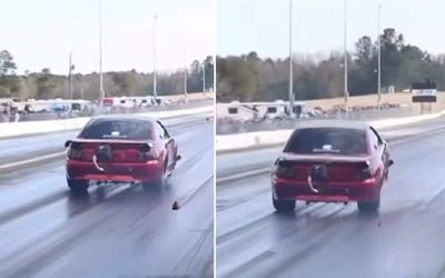 Watch this Ford Mustang go FLYING before crashing into the kerb