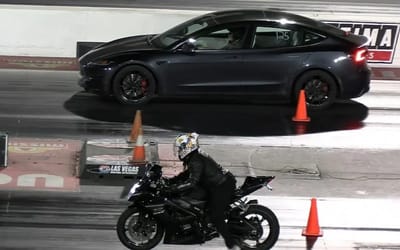 A Suzuki GSX-R drag raced a Tesla Model 3 in Las Vegas and it didn't go to plan for the rider