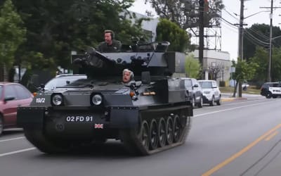 Jay Leno spotted driving world's fastest tank through public California roads shouting out to locals