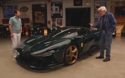 California car collector let Jay Leno play with their Ferrari Daytona SP3 and he smoked a Hellcat for fun