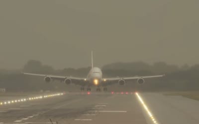 Airbus A380 pilots show their skill by using entire runway and impressive reverse thrust to land plane in terrible conditions