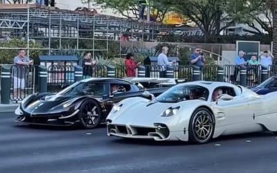 Christian Von Koenigsegg and Horacio Pagani side-by-side in brand new cars shut down Vegas strip