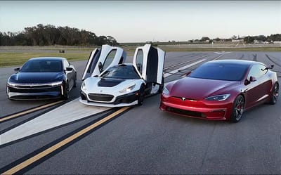 Tesla Plaid, Rimac Nevera, and Lucid Sapphire face off in three-way EV drag race, with one ultimately outpacing the others