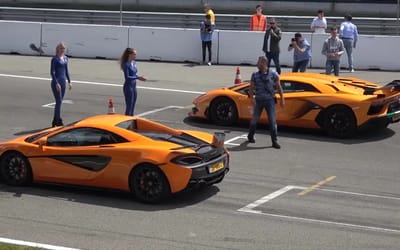 A McLaren 570S and Lamborghini Aventador SVJ went to head-to-head in a tense supercar showdown
