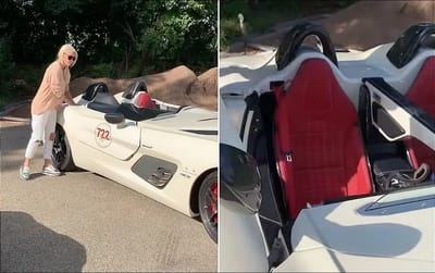 Supercar Blondie has to wear old school aviator hat to drive one-of-75 $3M car with no windshield