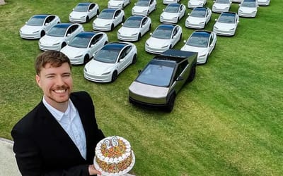 MrBeast purchases 25 brand new Tesla Model 3s and a Cybertruck for his birthday, just to give them all away