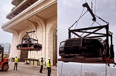 Billionaire hoists $350k Rolls-Royce to the living room of his penthouse