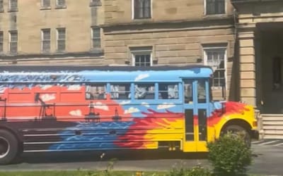 Two dads attempting to drive school bus from New York to LA and back without paying for fuel
