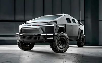 Cybertruck transformed into a military truck includes everything you would need to survive in an apocalypse