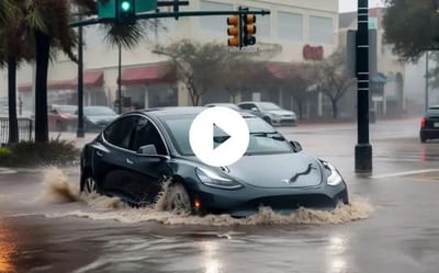 Tesla Model 3 seen plowing through flooded waters while other vehicles stranded