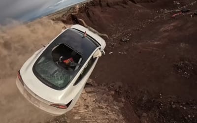 Man launched his Tesla off a cliff in one of the most extreme tests ever and the results were shocking