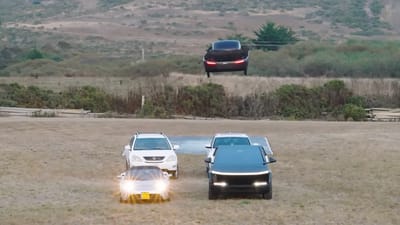 Automotive company responds to Tesla Roadster stunt by sharing video of its own flying car soaring over multiple Teslas