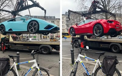 Germans cheered with glee as a Ferrari 488 Spyder and Lamborghini Huracán were craned and impounded in same day